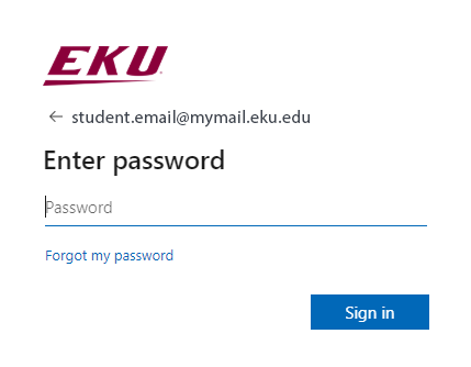 Screen shot of an EKU Email Login Dialog asking student to enter their password.